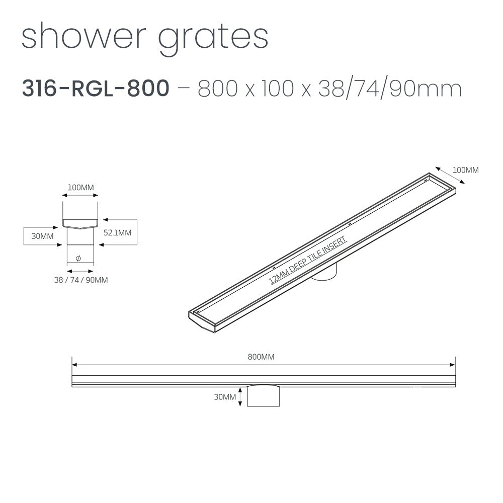 RADIANT HEATING LINEAR TILE INSERT FLOOR GRATE MATTE BLACK 800MM