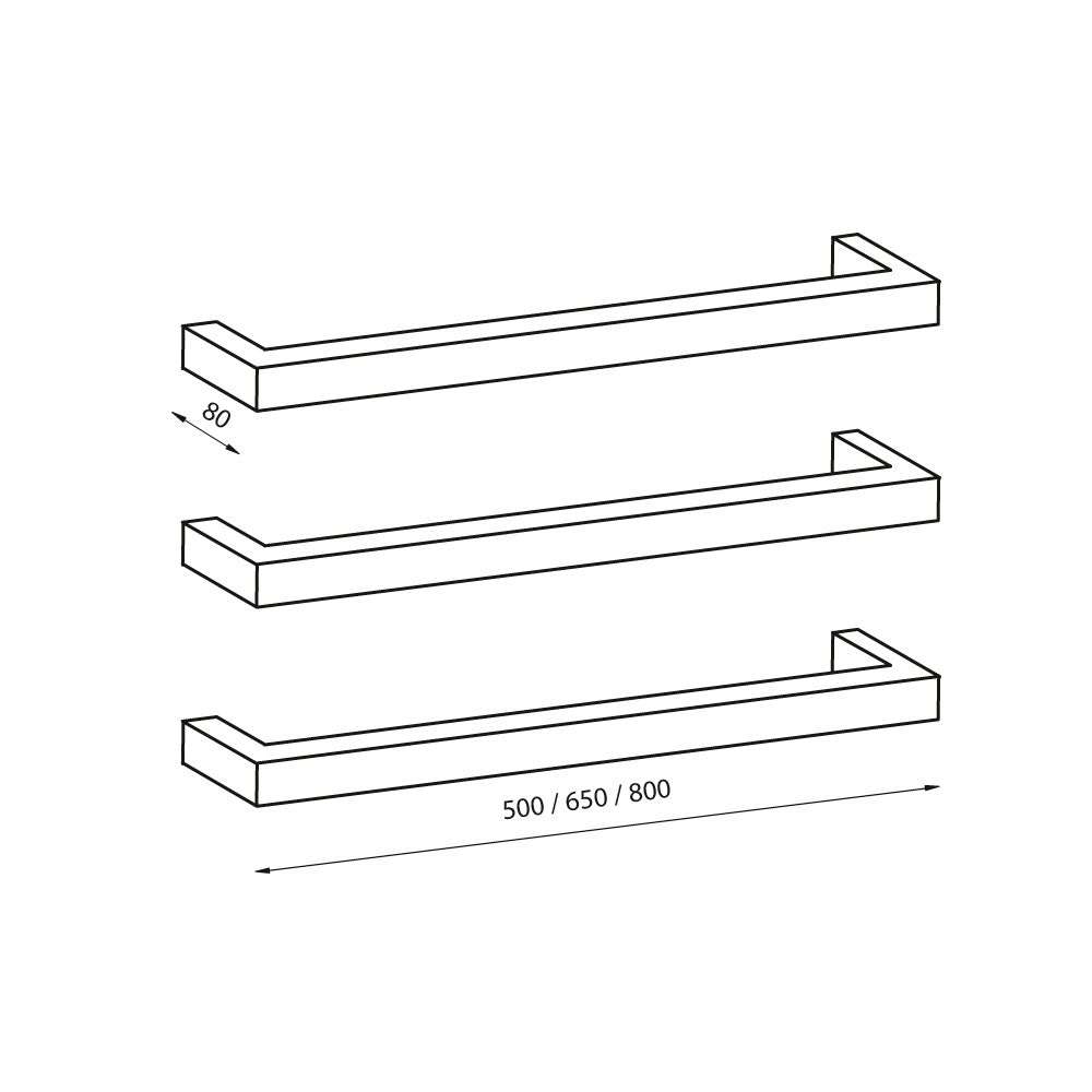 RADIANT HEATING SQUARE HEATED SINGLE TOWEL RAIL BRUSHED SATIN 500MM, 650MM AND 800MM