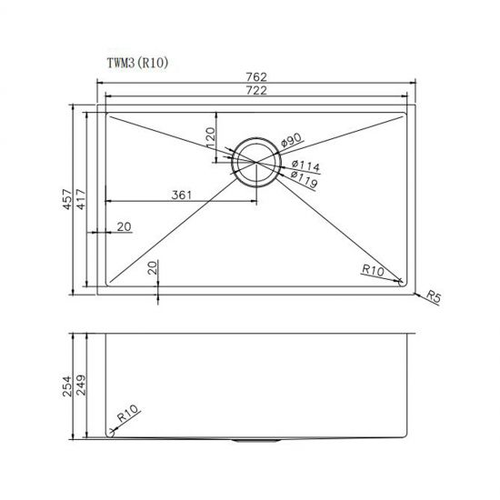 AQUAPERLA T304 HANDMADE SINGLE BOWL STAINLESS STEEL SINK 762MM