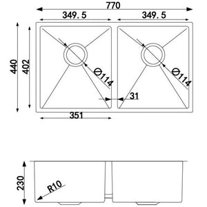 AQUAPERLA T304 DOUBLE BOWL KITCHEN SINK STAINLESS STEEL 770MM