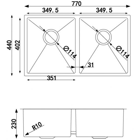 AQUAPERLA T304 DOUBLE BOWL KITCHEN SINK STAINLESS STEEL 770MM