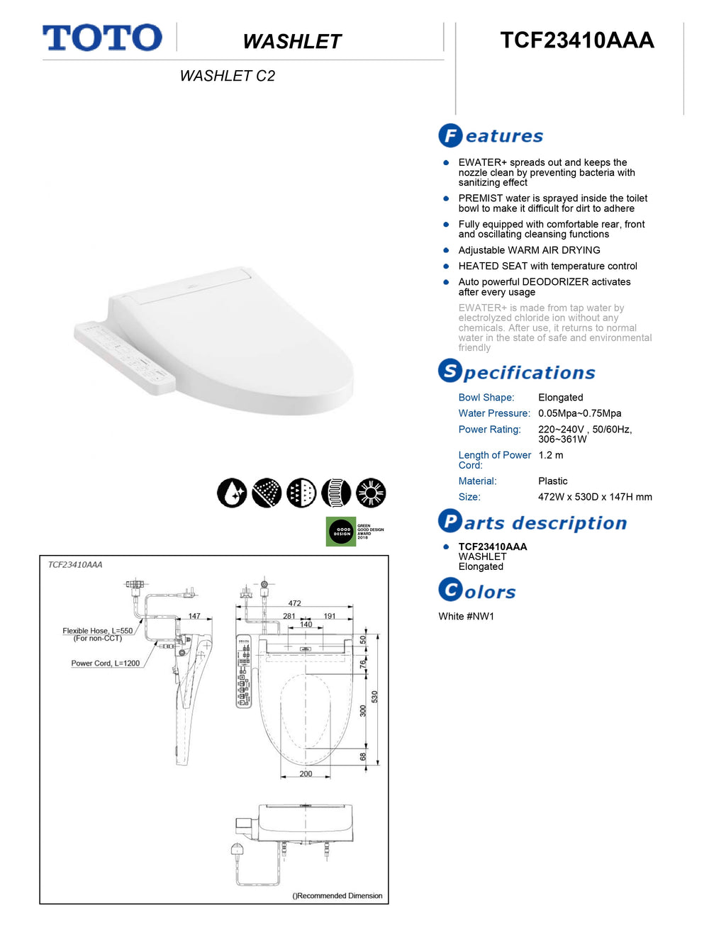 TOTO C2 WASHLET (AUSTRALIAN-SPEC) WITH SIDE CONTROL ELONGATED GLOSS WHITE