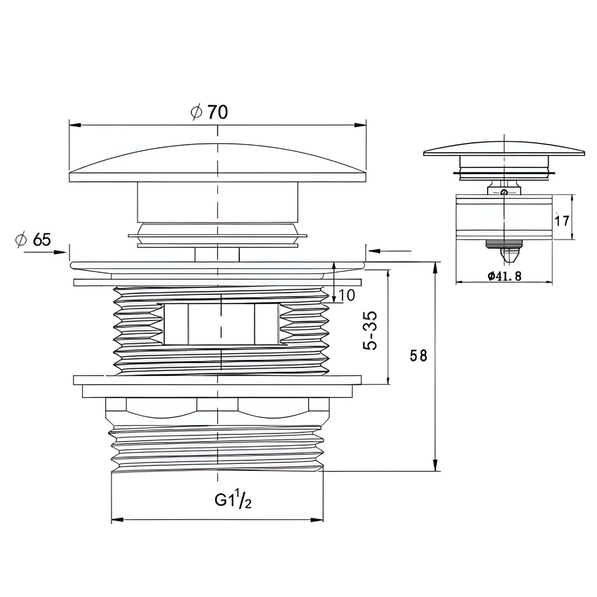 TURNER HASTINGS SAFETY PULL-OUT POP-UP BATH WASTE WITH SHORT TAIL OVERFLOW 40MM BRUSHED NICKEL