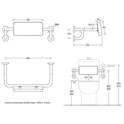 JOHNSON SUISSE ASSIST SPECIAL NEEDS TOILET BACKREST 560MM STAINLESS STEEL
