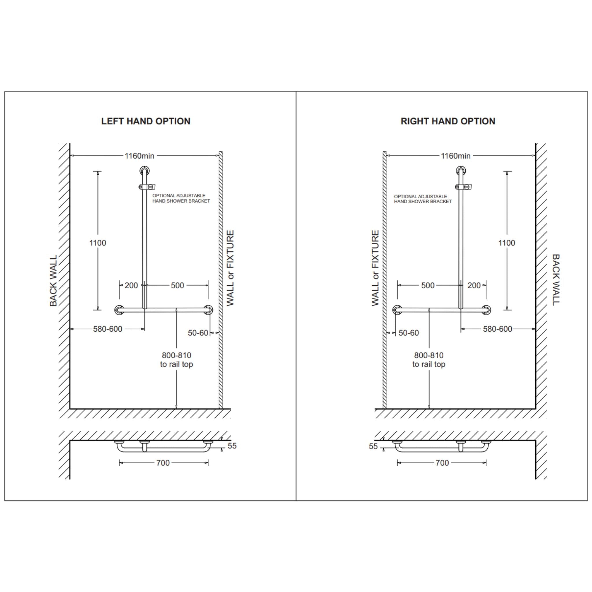 JOHNSON SUISSE LIFE ASSIST 3 FUNCTION GRAB RAIL SHOWER SET 700MM CHROME (AVAILABLE IN LEFT AND RIGHT HAND)