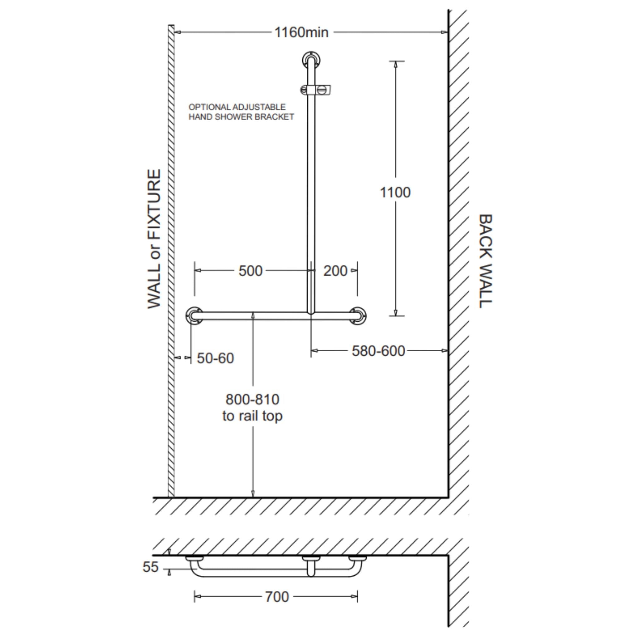 JOHNSON SUISSE SHOWER GRAB RAIL 700MM STAINLESS STEEL (AVAILABLE IN LEFT AND RIGHT HAND RAIL)