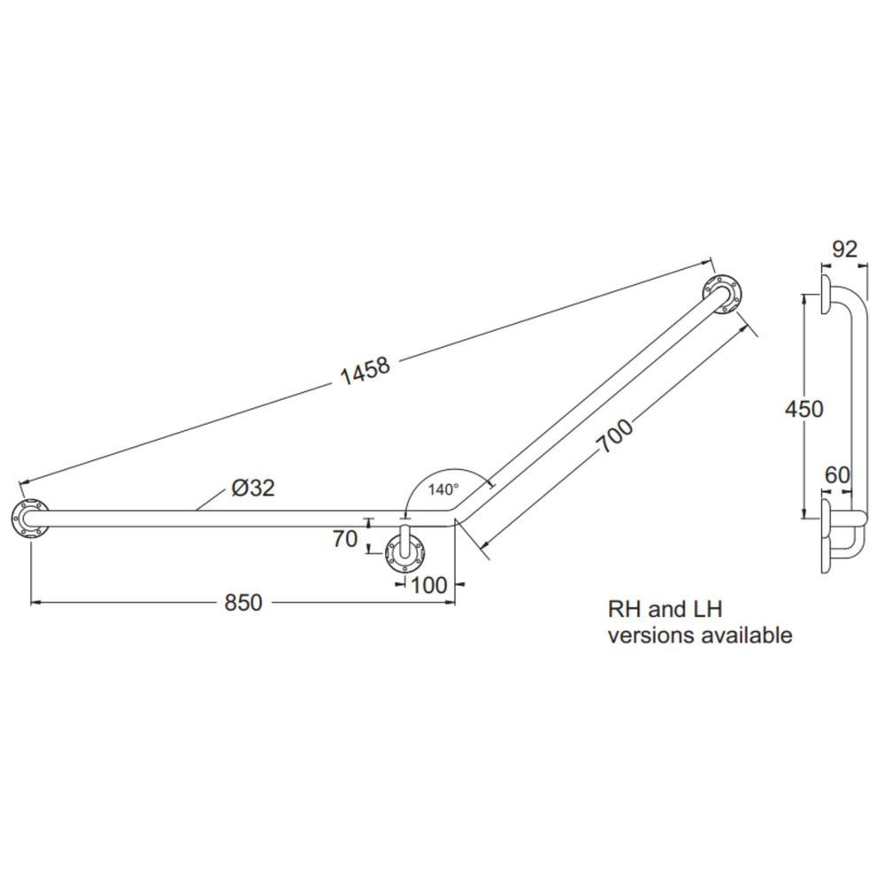 JOHNSON SUISSE ANGLED GRAB RAIL 850MM STAINLESS STEEL (AVAILABLE IN LEFT AND RIGHT HAND RAIL)