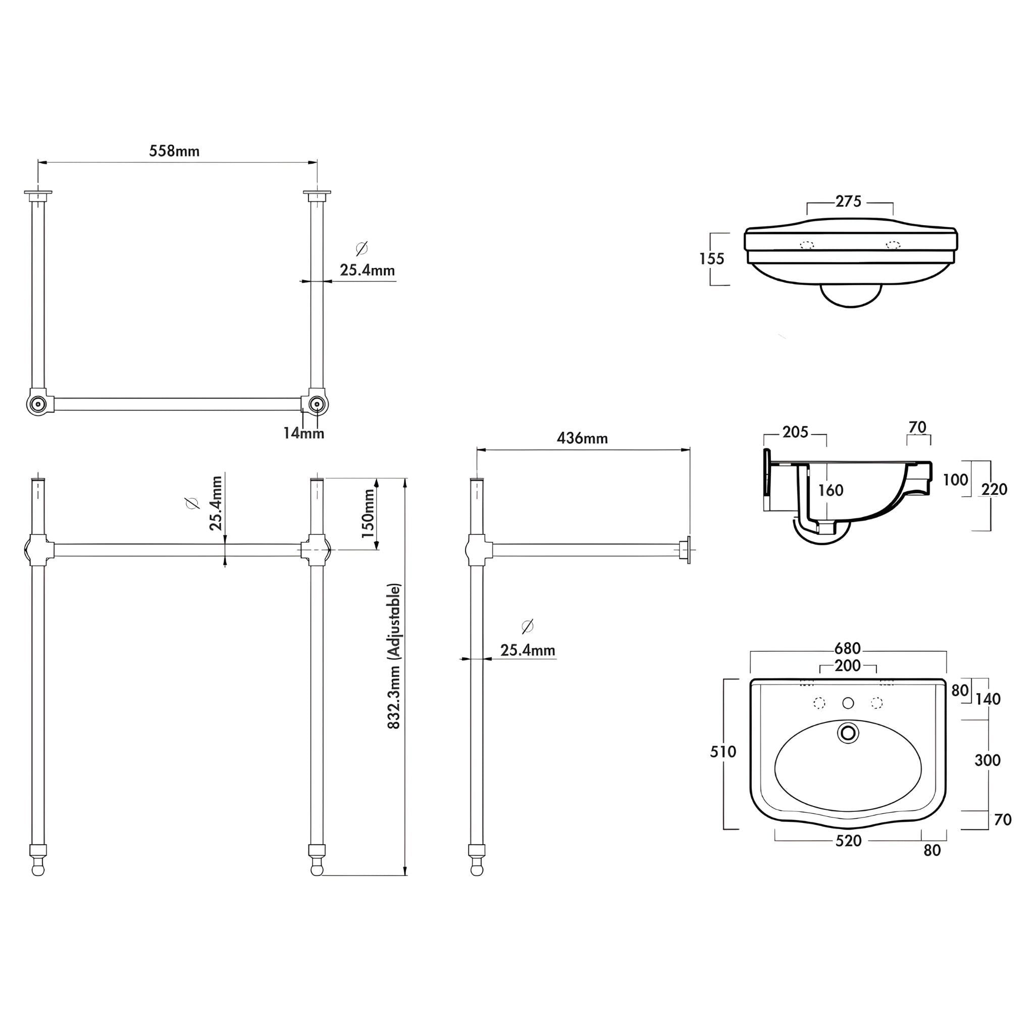 TURNER HASTINGS CLAREMONT NUOVO BASIN STAND BRUSHED BRASS 680MM