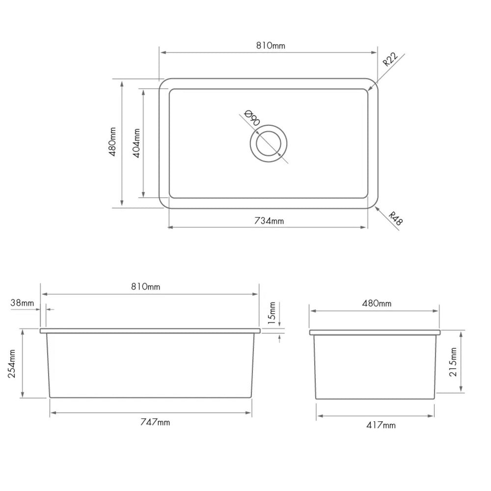 TURNER HASTINGS CUISINE INSET AND UNDERMOUNT FINE FIRECLAY SINGLE BOWL SINK WITH OVERFLOW GLOSS WHITE 810MM