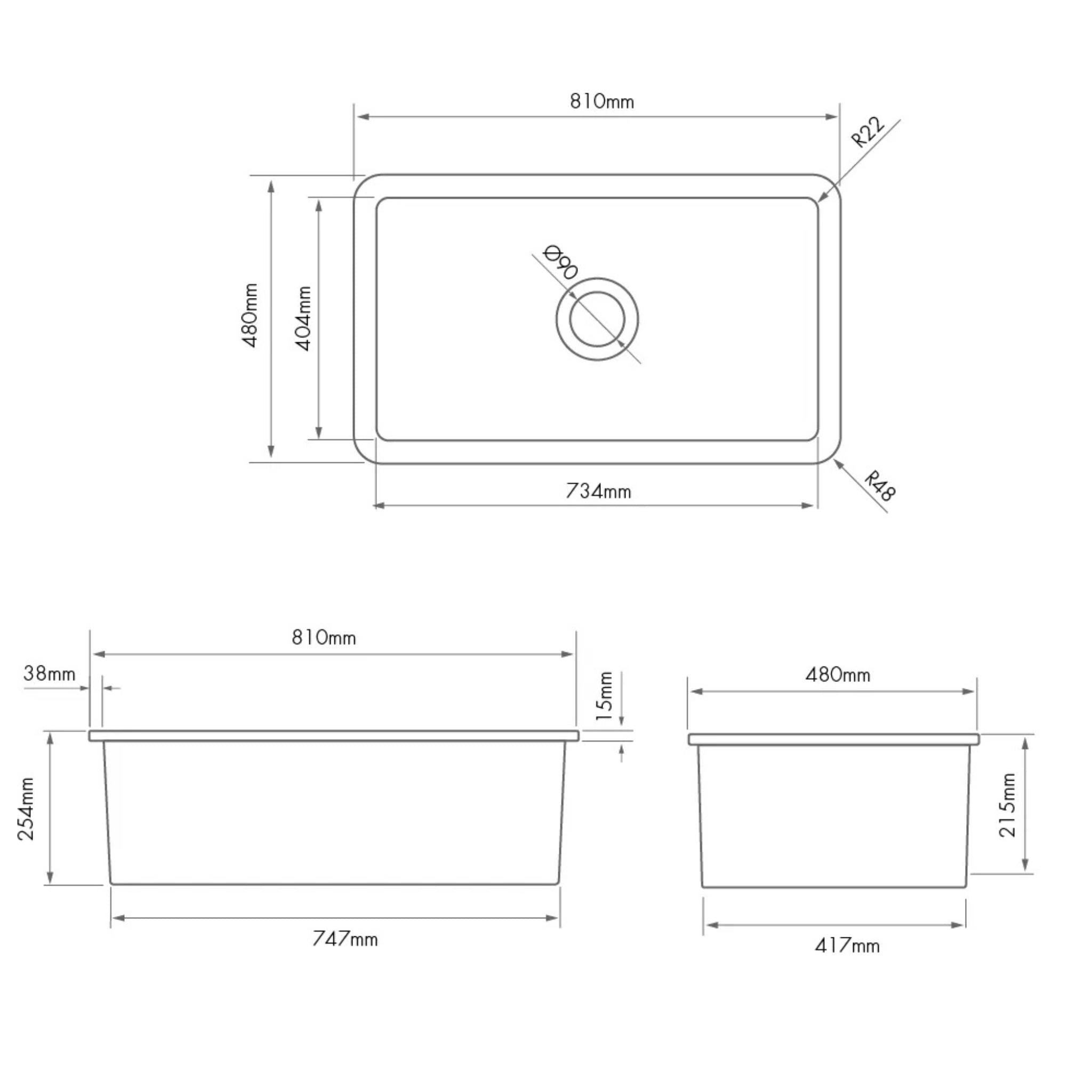 TURNER HASTINGS CUISINE INSET AND UNDERMOUNT FINE FIRECLAY SINGLE BOWL SINK WITH OVERFLOW GLOSS WHITE 810MM