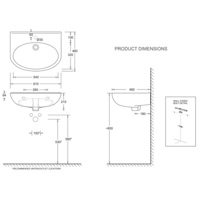 JOHNSON SUISSE BOSTON TYPE B MEDIUM CLINICAL HAND WALL HUNG BASINS NO TAPHOLE WHITE 610MM