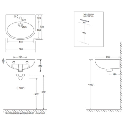 JOHNSON SUISSE BOSTON TYPE C MEDIUM NON-CLINICAL HAND WALL HUNG BASINS NO TAPHOLE WHITE 500MM