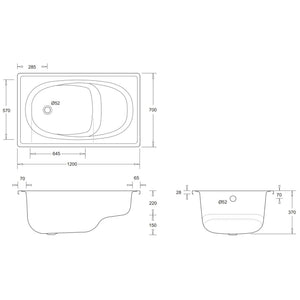 JOHNSON SUISSE ULTRA COMPACT ENAMELLED STEEL BUILT IN SHOWER BATH WHITE WITH SEAT 1200MM