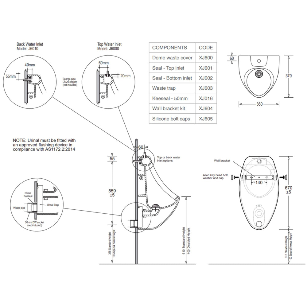 JOHNSON SUISSE LIFE ELECTRONIC WALL HUNG URINAL BACK ENTRY WHITE
