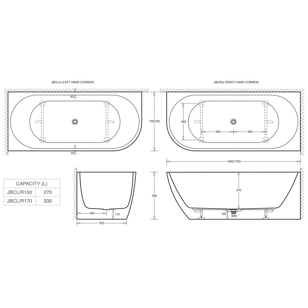 JOHNSON SUISSE VENEZIA LEFT HAND CORNER ACRYLIC BATH GLOSS WHITE (AVAILABLE IN 1500MM AND 1700MM)