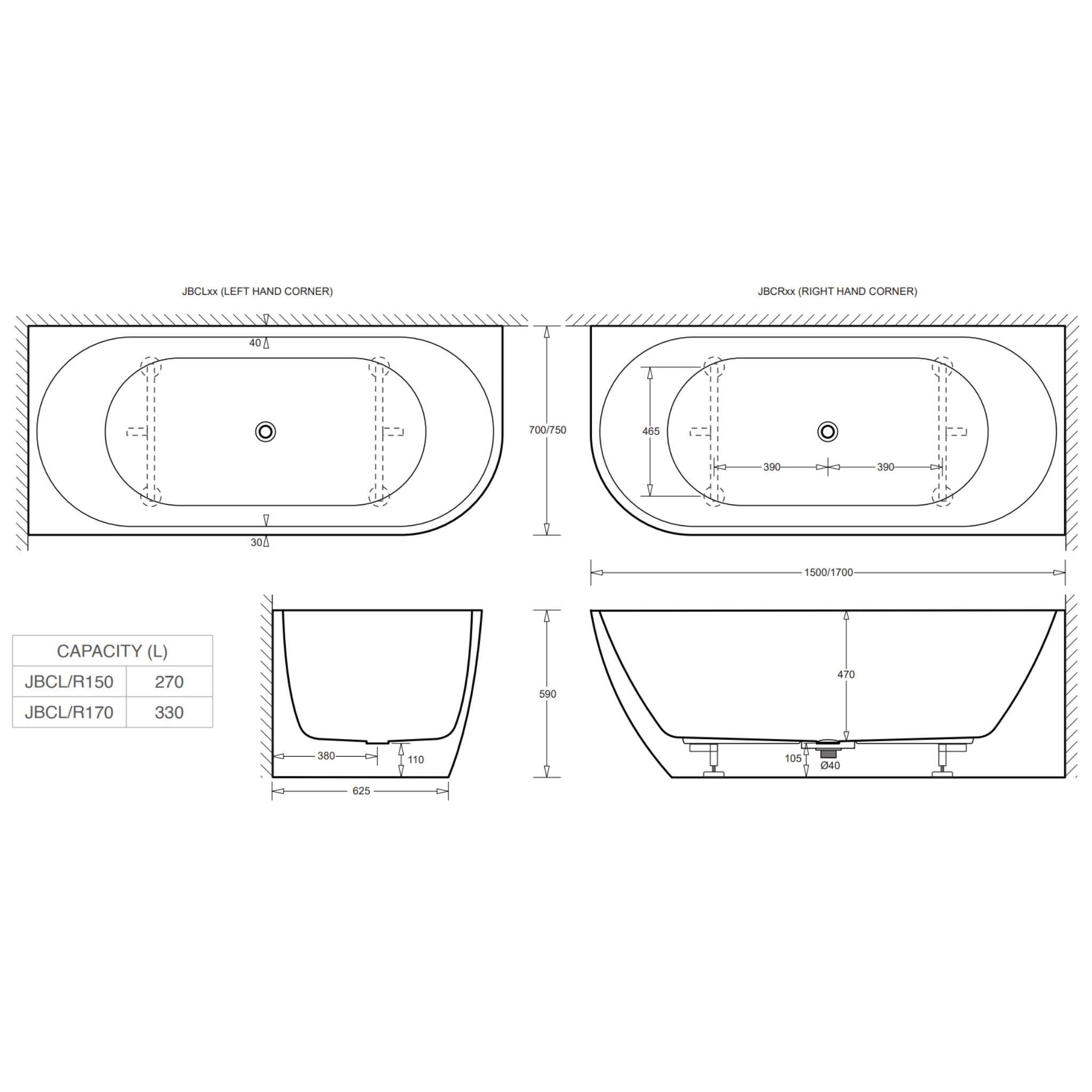 JOHNSON SUISSE VENEZIA LEFT HAND CORNER ACRYLIC BATH GLOSS WHITE (AVAILABLE IN 1500MM AND 1700MM)