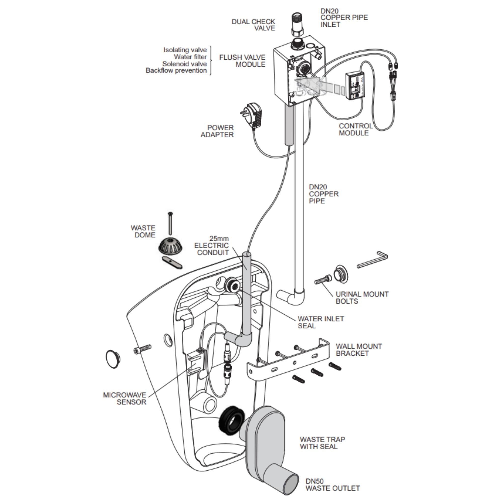 JOHNSON SUISSE VENEZIA-SENTINEL WALL HUNG URINAL WITH MICROWAVE FLUSH VALVE SYSTEM WHITE
