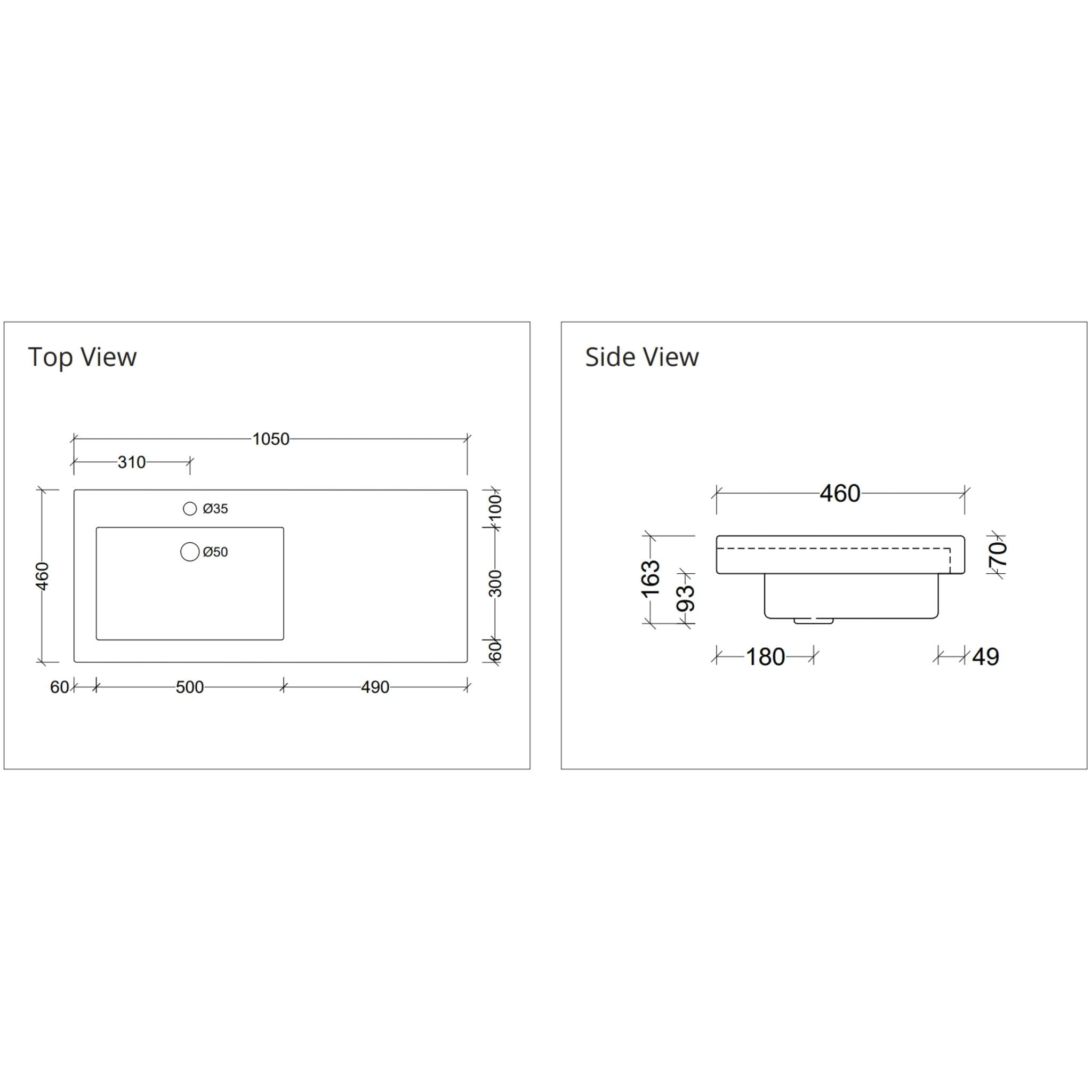 DUROCLASS MONACO GRAND GLOSS WHITE OFFSET SINGLE BOWL UNDERMOUNT VANITY TOP (MULTIPLE SIZES AVAILABLE)