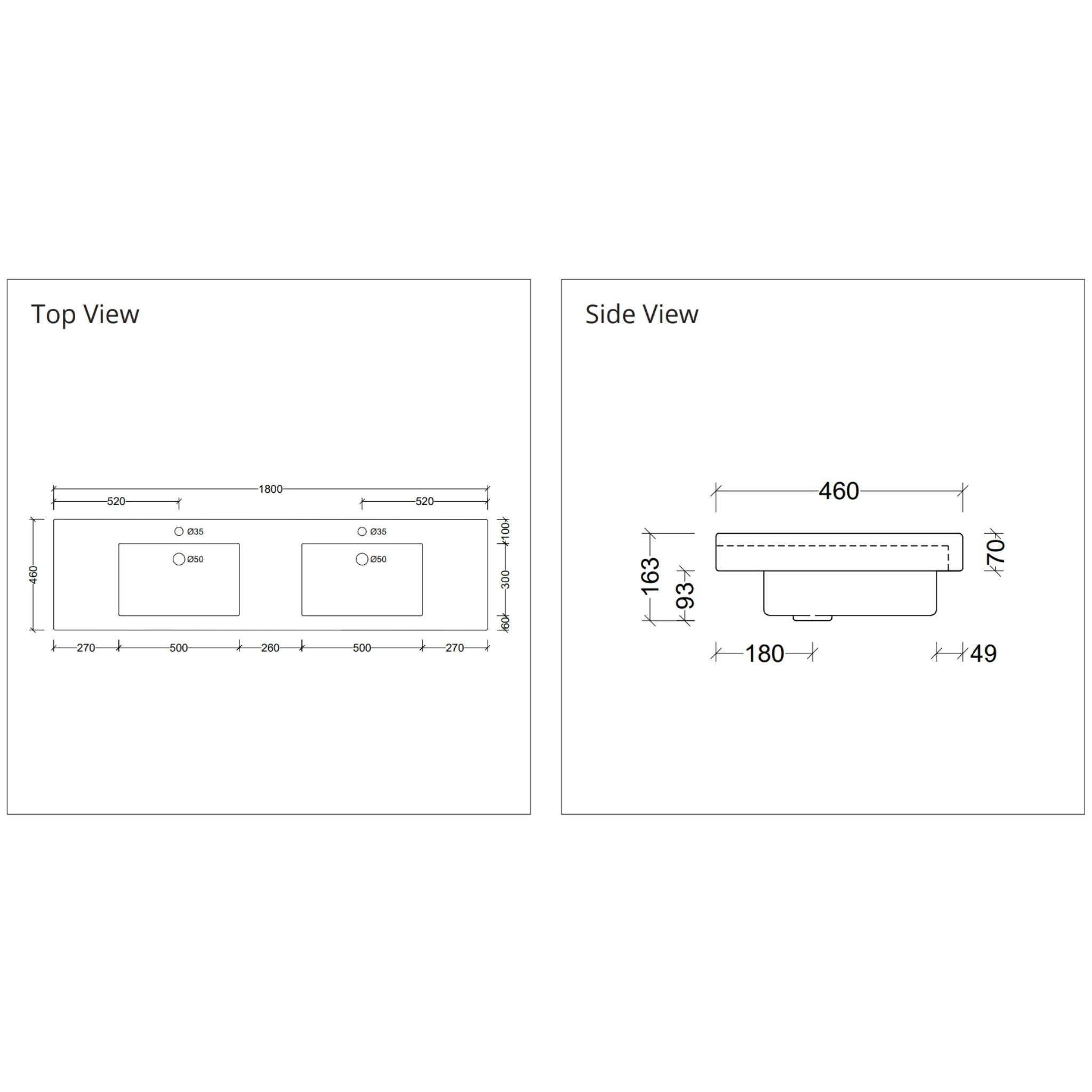 DUROCLASS MONACO GRAND GLOSS WHITE DOUBLE BOWL UNDERMOUNT VANITY TOP (AVAILABLE IN 1500MM AND 1800MM)
