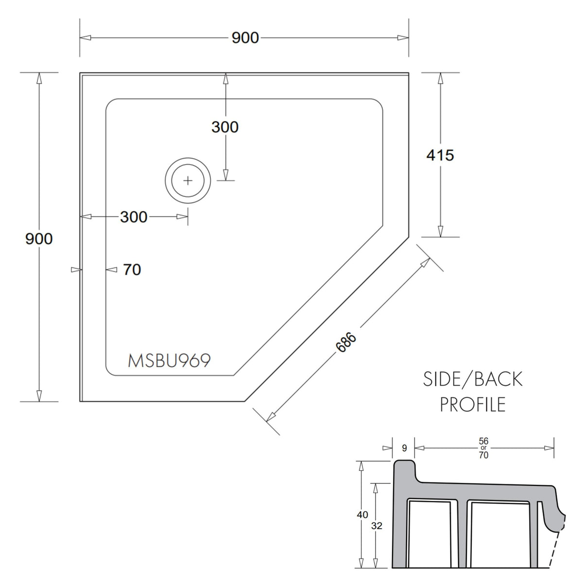 JOHNSON SUISSE MARBLETREND FLINDERS SMC TWO TILE FLANGE CENTRE OUTLET CORNER SHOWER BASE 900MM WHITE