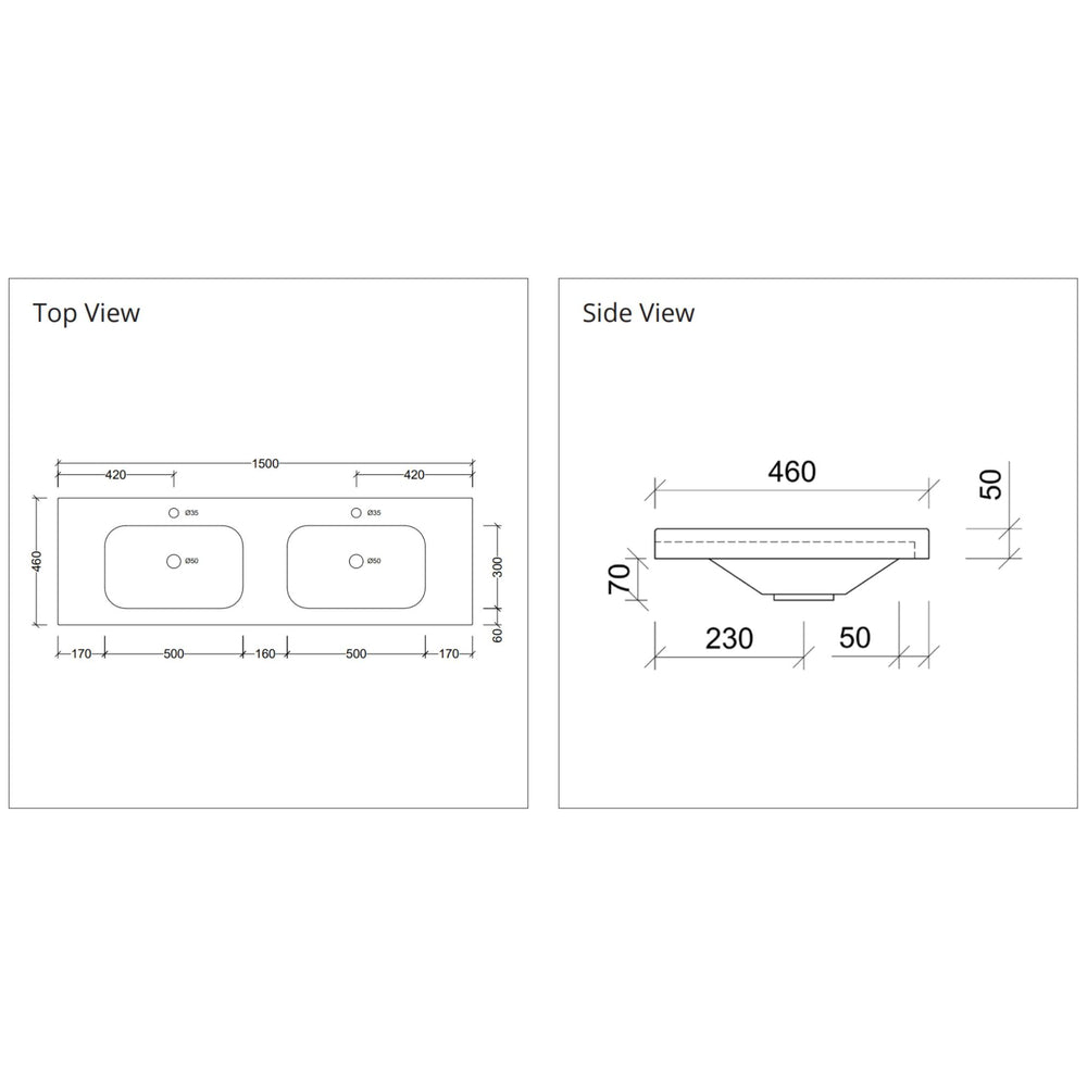 DUROCLASS OLYMPIC STADIUM GLOSS WHITE DOUBLE BOWL UNDERMOUNT VANITY TOP (AVAILABLE IN 1500MM AND 1800MM)