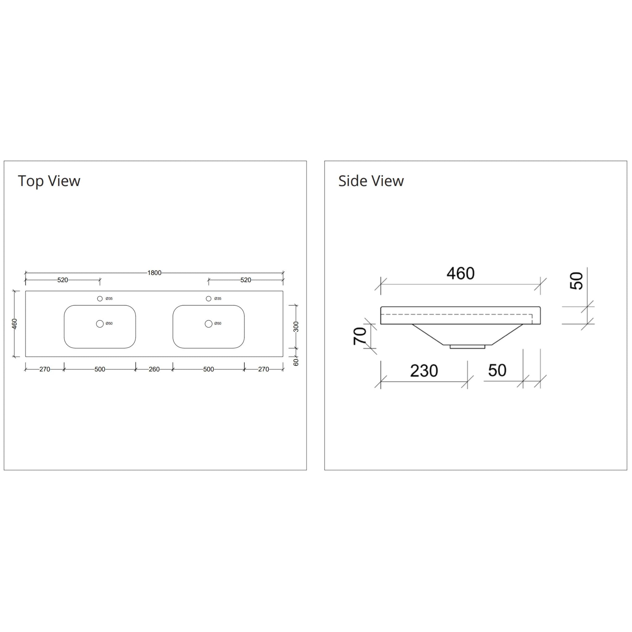 DUROCLASS OLYMPIC STADIUM GLOSS WHITE DOUBLE BOWL UNDERMOUNT VANITY TOP (AVAILABLE IN 1500MM AND 1800MM)