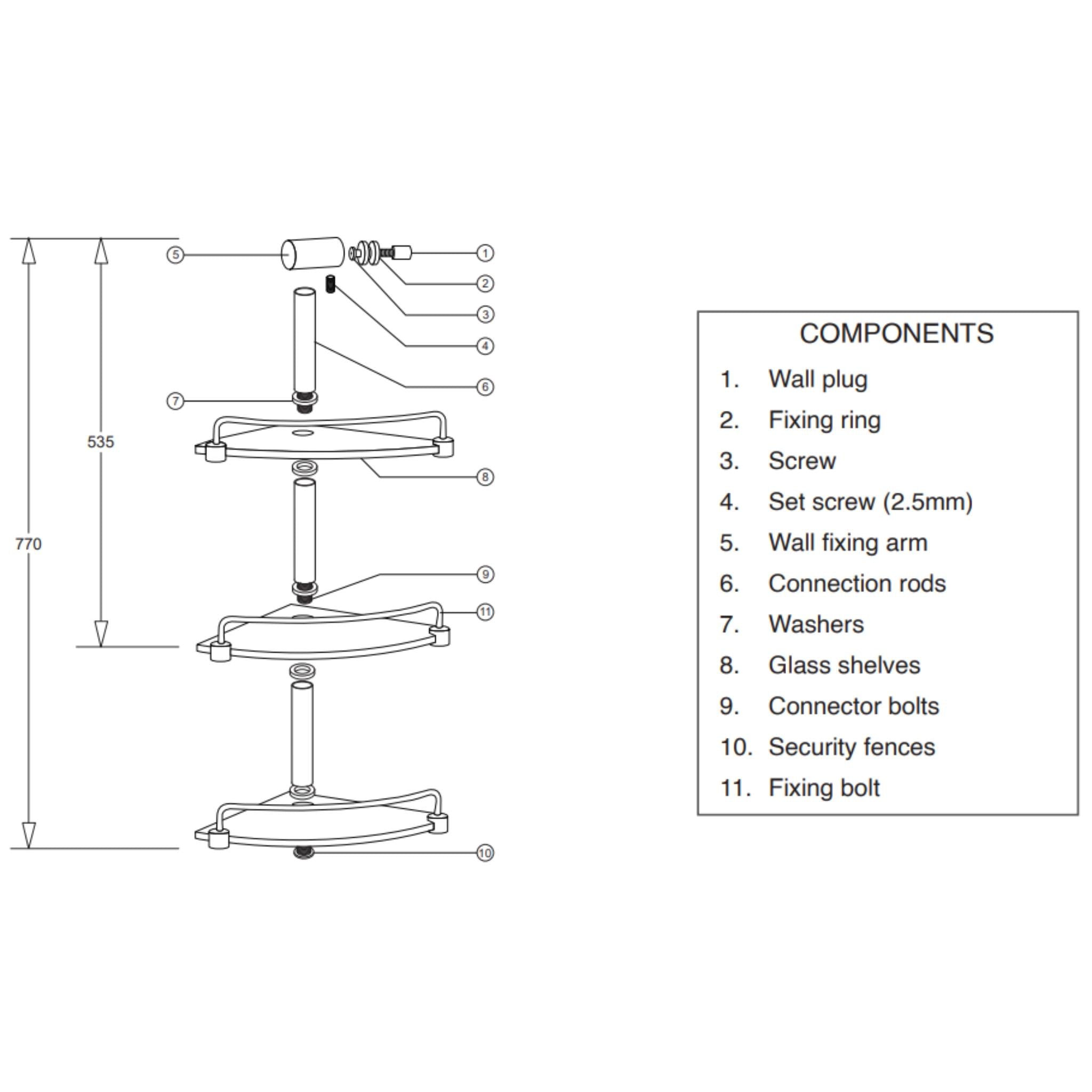 JOHNSON SUISSE FLINDERS SHOWER TIDY 3-TIER TEMPERED GLASS SHELVES 770MM CHROME