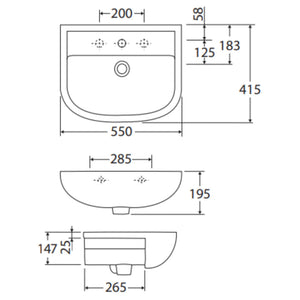 FIENZA RAK COMPACT SEMI-RECESSED BASIN THREE TAP HOLES GLOSS WHITE 550MM