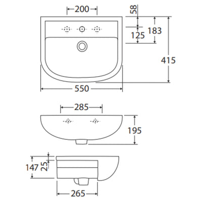 FIENZA RAK COMPACT SEMI-RECESSED BASIN THREE TAP HOLES GLOSS WHITE 550MM