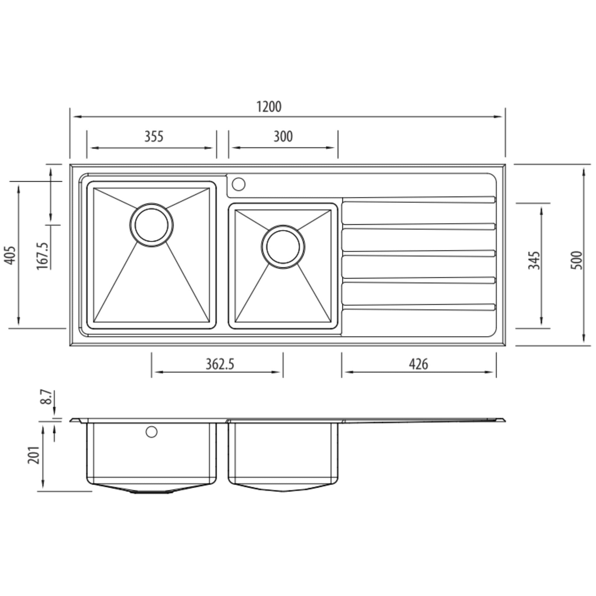 OLIVERI APOLLO 1 & 3/4 BOWL TOPMOUNT KITCHEN SINK WITH TAPHOLE & DRAINER STAINLESS STEEL 1200MM
