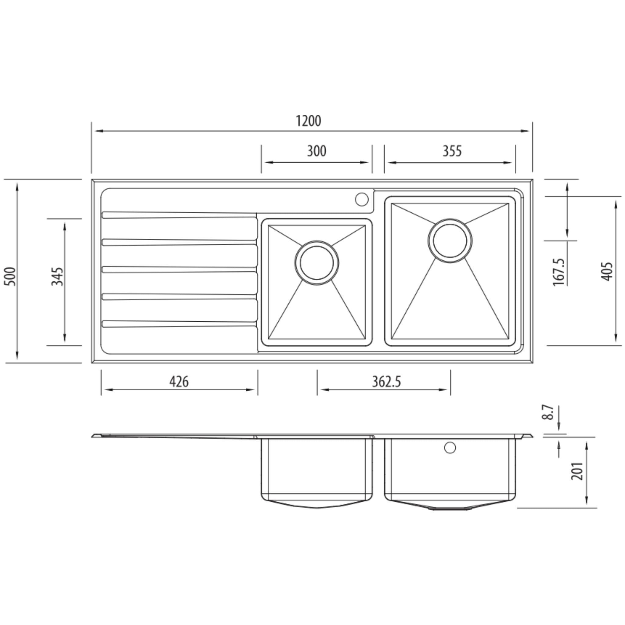 OLIVERI APOLLO 1 & 3/4 BOWL TOPMOUNT KITCHEN SINK WITH TAPHOLE & DRAINER STAINLESS STEEL 1200MM