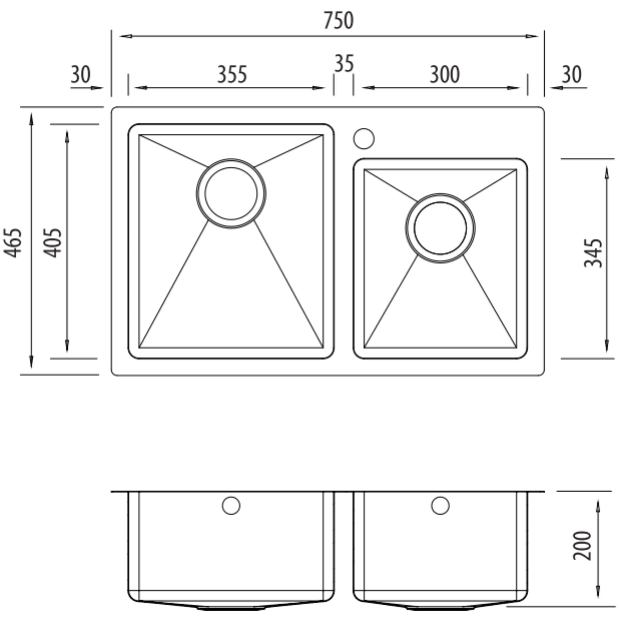 OLIVERI APOLLO 1 & 3/4 OFFSET BOWL KITCHEN SINK WITH TAPHOLE STAINLESS STEEL 750MM