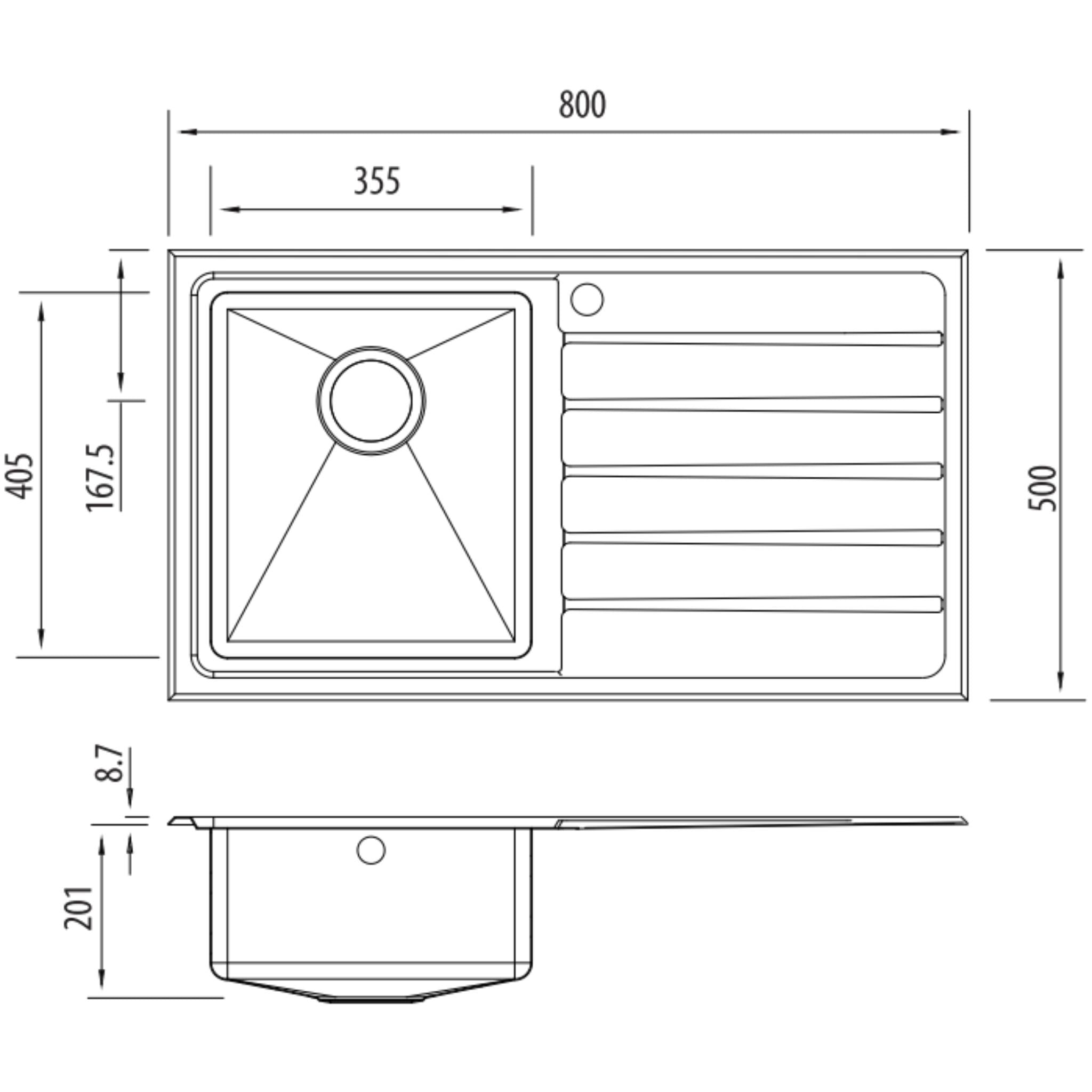 OLIVERI APOLLO SINGLE BOWL TOPMOUNT KITCHEN SINK WITH TAPHOLE & DRAINER STAINLESS STEEL 800MM