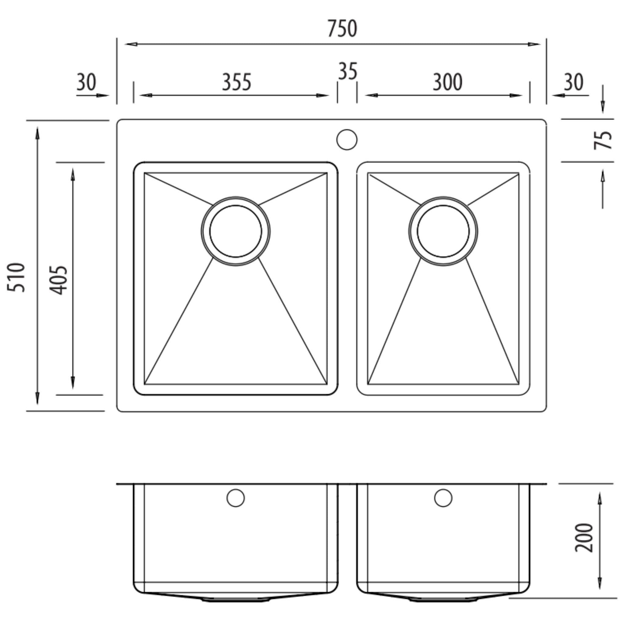 OLIVERI APOLLO 1 & 3/4 BOWL KITCHEN SINK WITH TAPHOLE STAINLESS STEEL 750MM