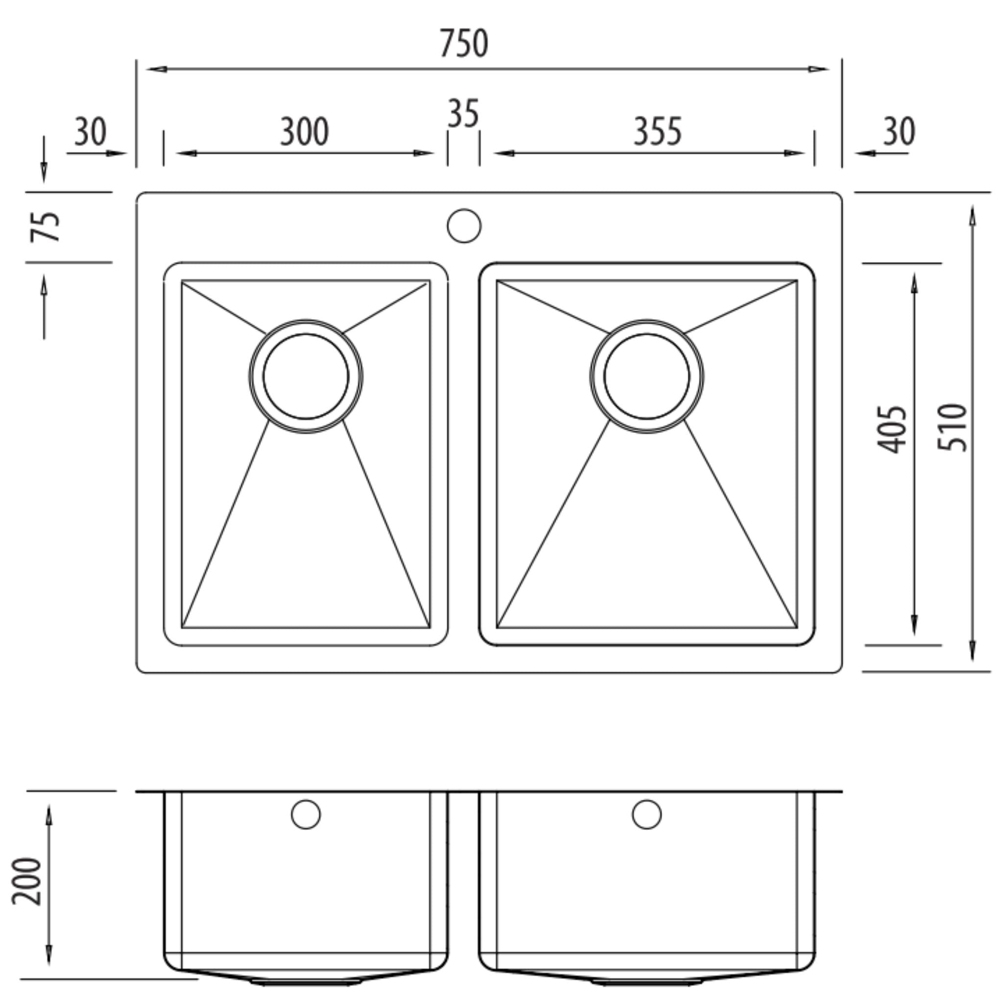 OLIVERI APOLLO 1 & 3/4 BOWL KITCHEN SINK WITH TAPHOLE STAINLESS STEEL 750MM