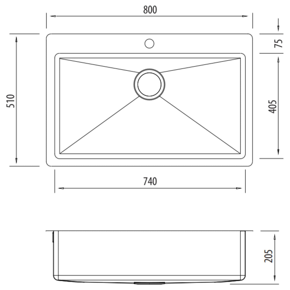 OLIVERI APOLLO SINGLE BOWL KITCHEN AND LAUNDRY SINK WITH TAPHOLE STAINLESS STEEL 800MM