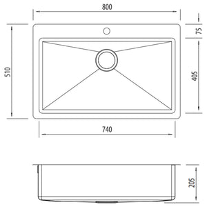 OLIVERI APOLLO SINGLE BOWL KITCHEN AND LAUNDRY SINK WITH TAPHOLE STAINLESS STEEL 800MM