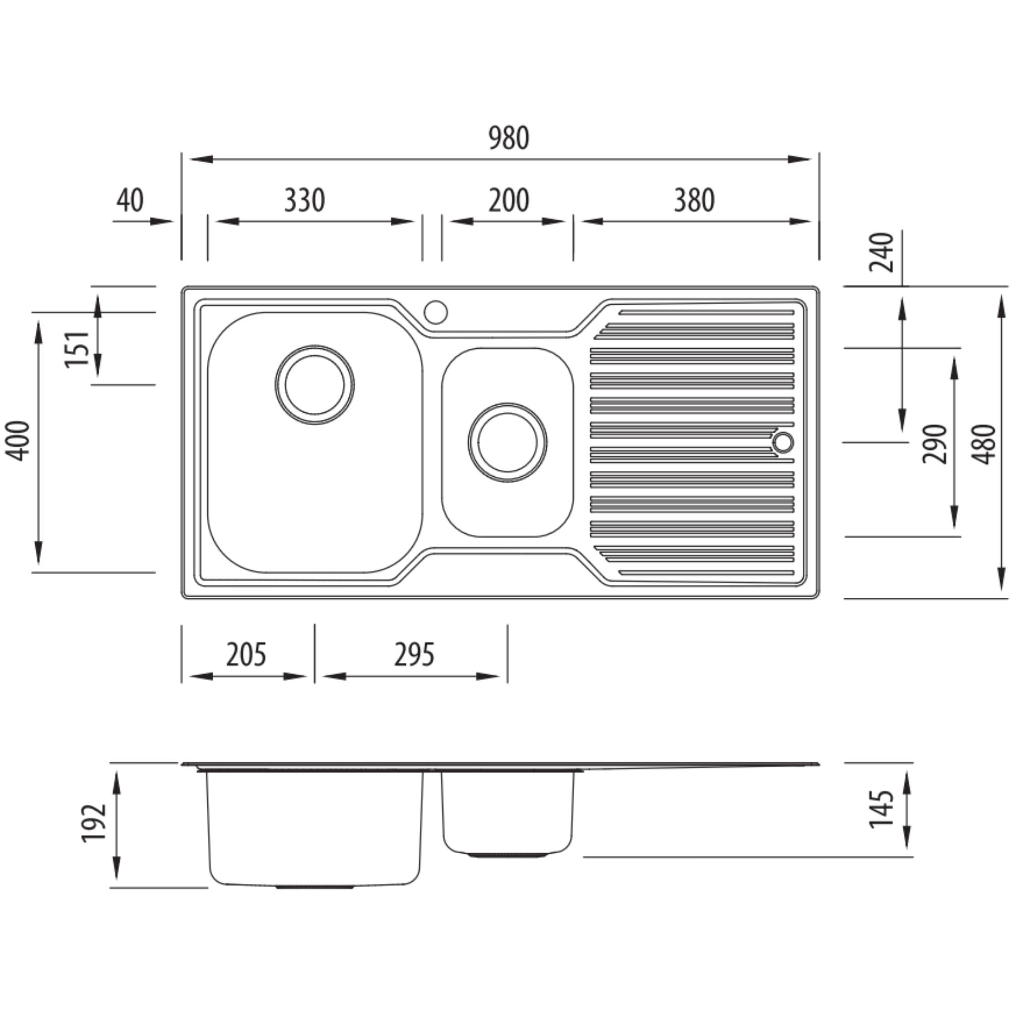 OLIVERI DIAZ 1 & 1/2 BOWL TOPMOUNT KITCHEN SINK WITH DRAINER STAINLESS STEEL 980MM