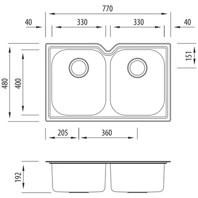 OLIVERI DIAZ DOUBLE BOWL UNDERMOUNT ALFRESCO AND KITCHEN SINK STAINLESS STEEL 770MM