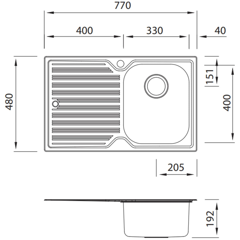 OLIVERI DIAZ SINGLE BOWL TOPMOUNT KITCHEN SINK WITH DRAINER STAINLESS STEEL 770MM
