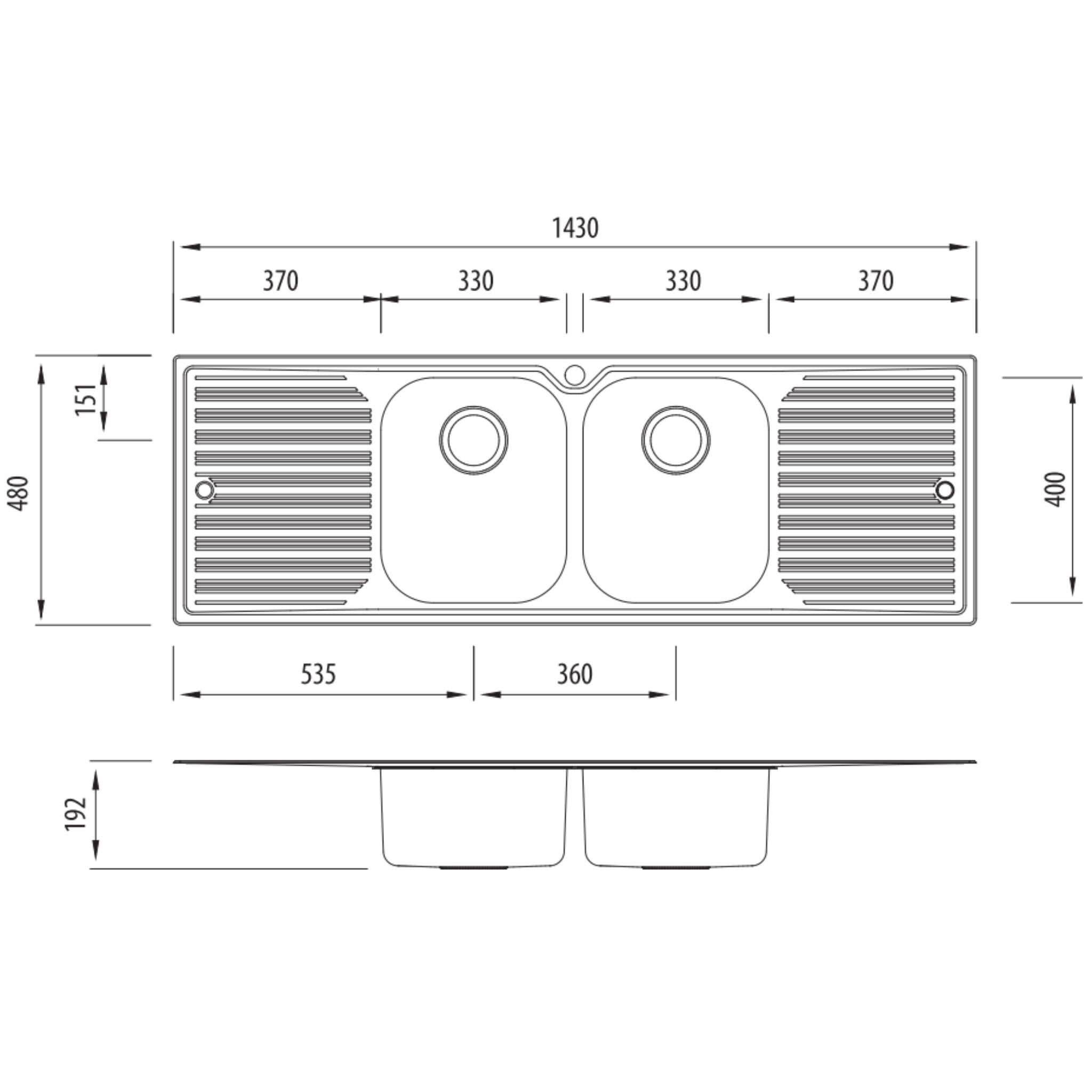 OLIVERI DIAZ DOUBLE BOWL TOPMOUNT KITCHEN SINK WITH DOUBLE DRAINER STAINLESS STEEL 1430MM