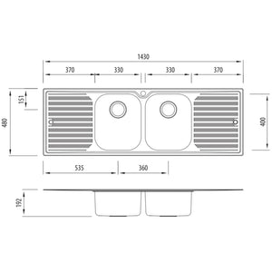 OLIVERI DIAZ DOUBLE BOWL TOPMOUNT KITCHEN SINK WITH DOUBLE DRAINER STAINLESS STEEL 1430MM