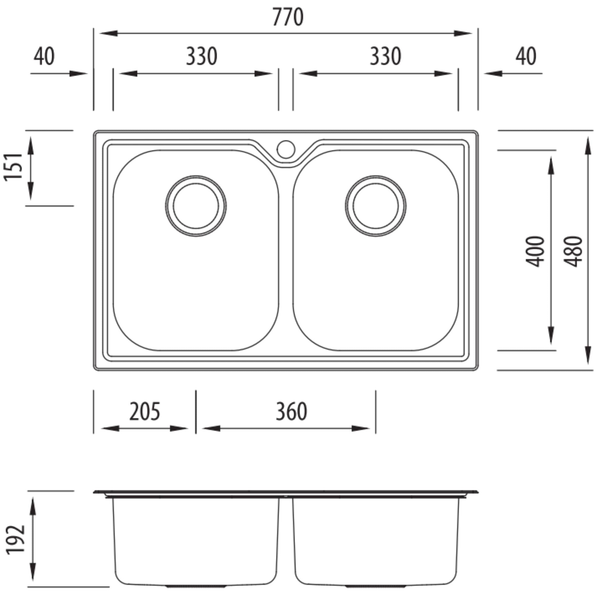 OLIVERI DIAZ DOUBLE BOWL TOPMOUNT ALFRESCO AND KITCHEN SINK STAINLESS STEEL 770MM