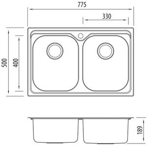 OLIVERI DIAZ DOUBLE BOWL ALFRESCO AND UNIVERSAL KITCHEN SINK WITH TAPHOLE STAINLESS STEEL 775MM