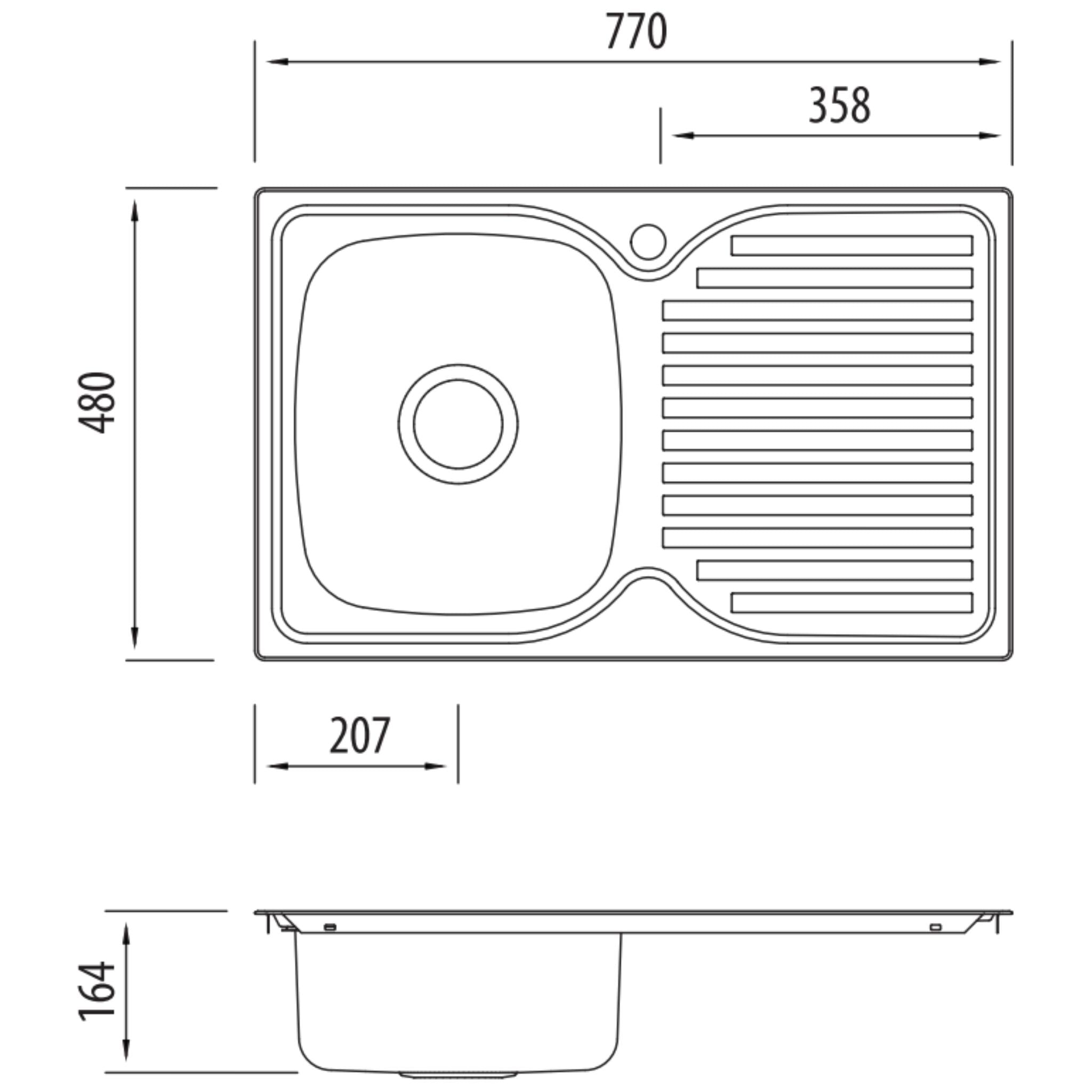 OLIVERI ENDEAVOUR SINGLE BOWL TOPMOUNT KITCHEN SINK WITH DRAINER STAINLESS STEEL 770MM