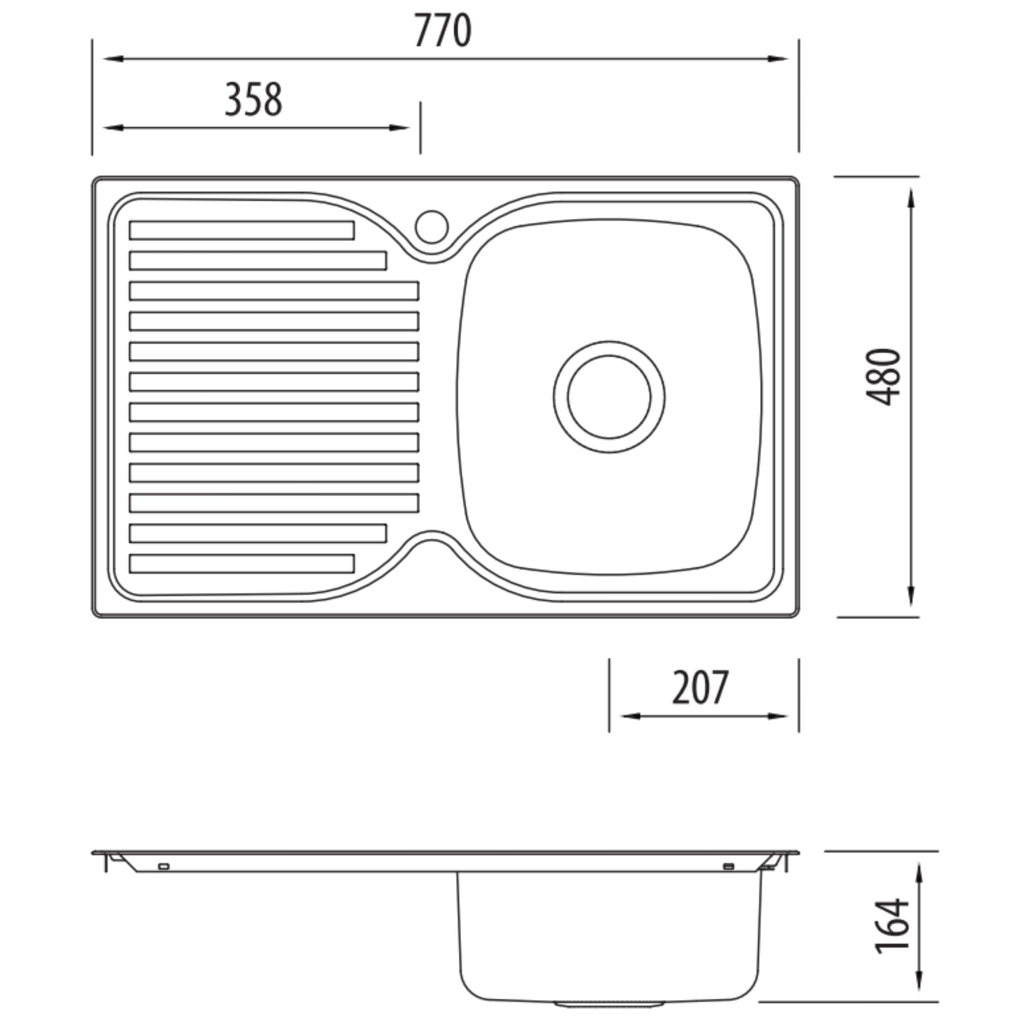 OLIVERI ENDEAVOUR SINGLE BOWL TOPMOUNT KITCHEN SINK WITH DRAINER STAINLESS STEEL 770MM