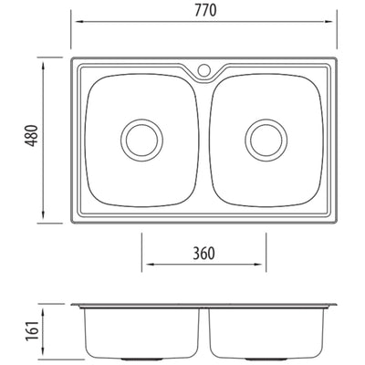 OLIVERI ENDEAVOUR DOUBLE BOWL TOPMOUNT KITCHEN SINK STAINLESS STEEL 770MM