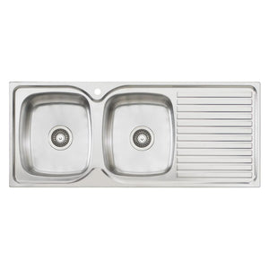 OLIVERI ENDEAVOUR DOUBLE BOWL TOPMOUNT KITCHEN SINK WITH DRAINER STAINLESS STEEL 1135MM