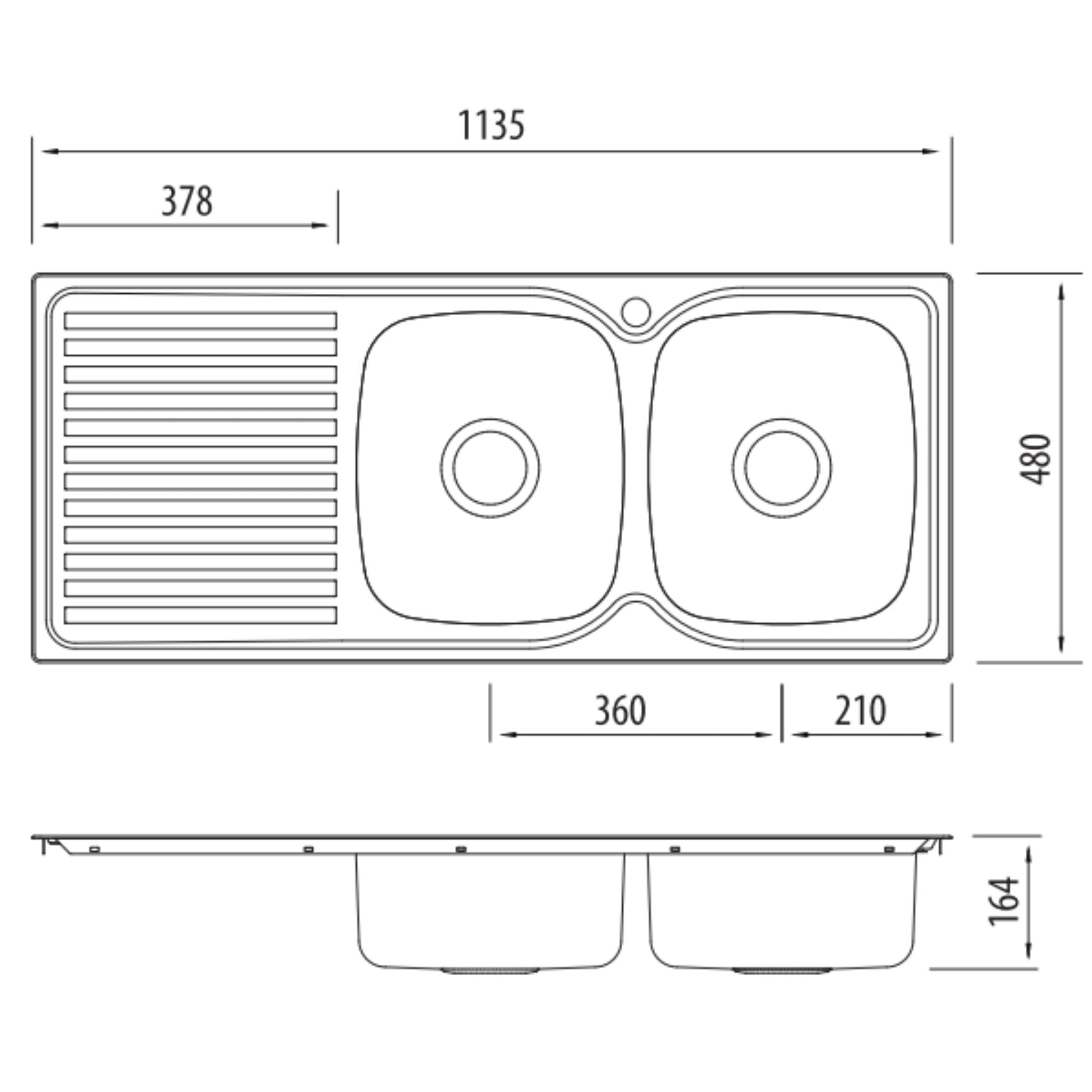 OLIVERI ENDEAVOUR DOUBLE BOWL TOPMOUNT KITCHEN SINK WITH DRAINER STAINLESS STEEL 1135MM