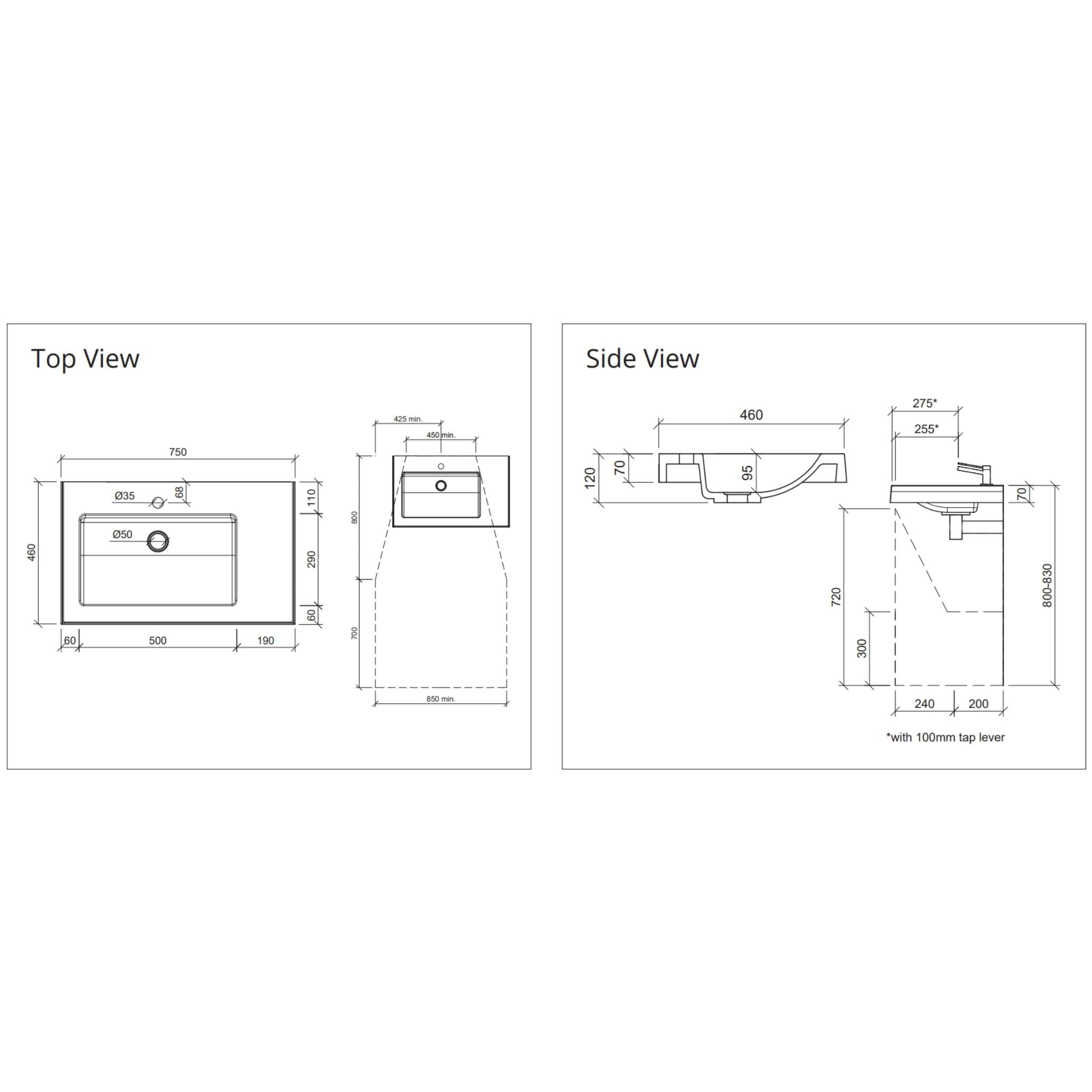 DUROCLASS ESSENTIAL OFFSET SINGLE BOWL WALL HUNG ACCESSIBLE BASIN GLOSS WHITE (MULTIPLE SIZES AVAILABLE)